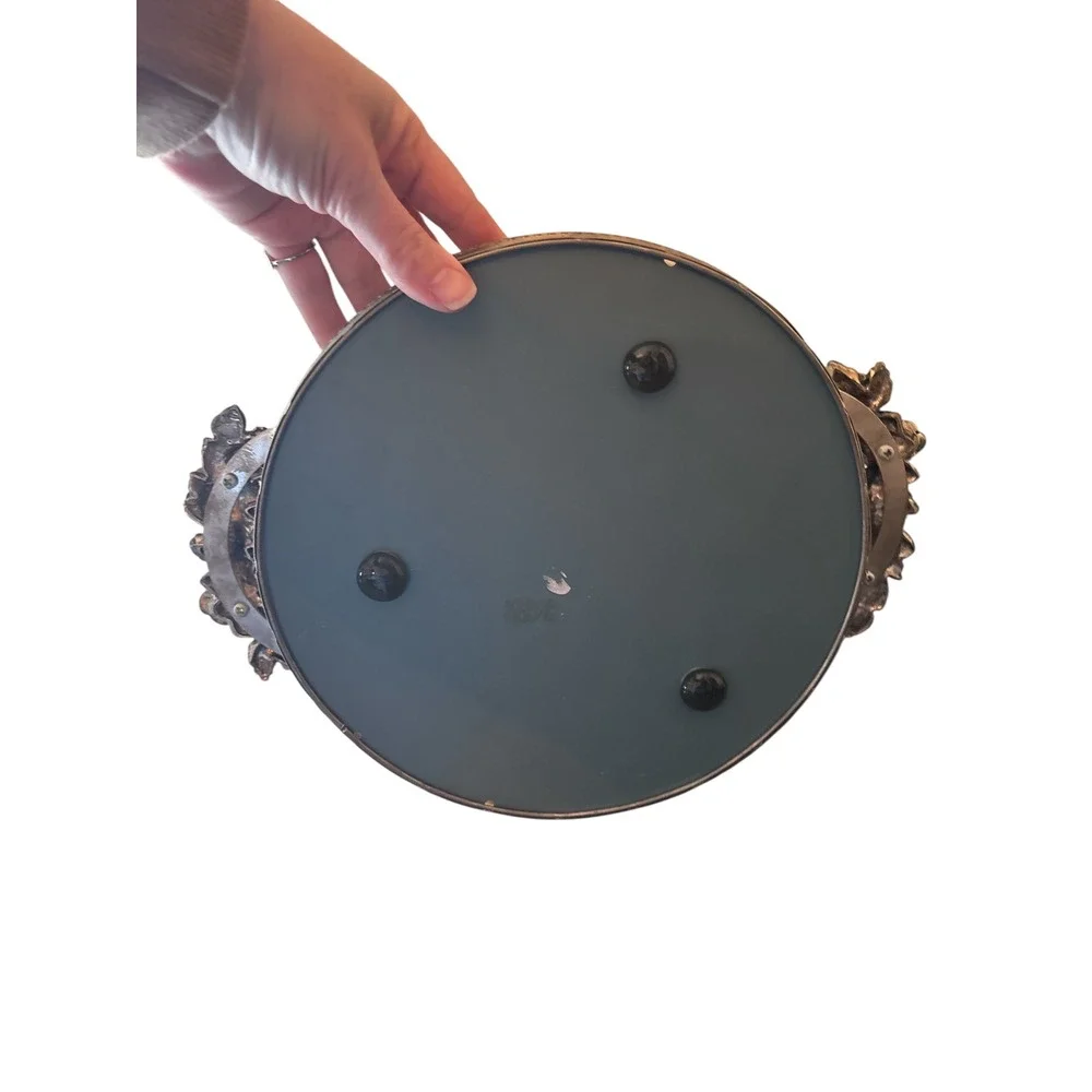 Vintage Round Mirrored Vanity Tray Gold Tone Pierced Metal Rose Flower‎ Handles